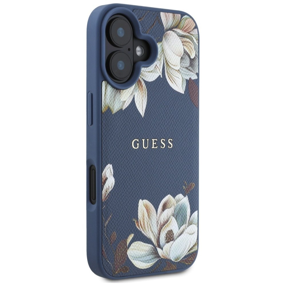 Etui Guess Grained Printed Flower Pattern MagSafe do iPhone 16 niebieski
